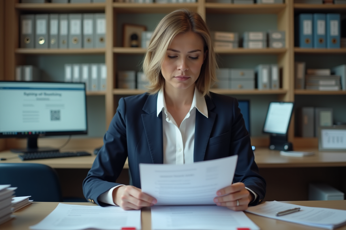 Femme d'affaires en blazer bleu examine des documents officiels