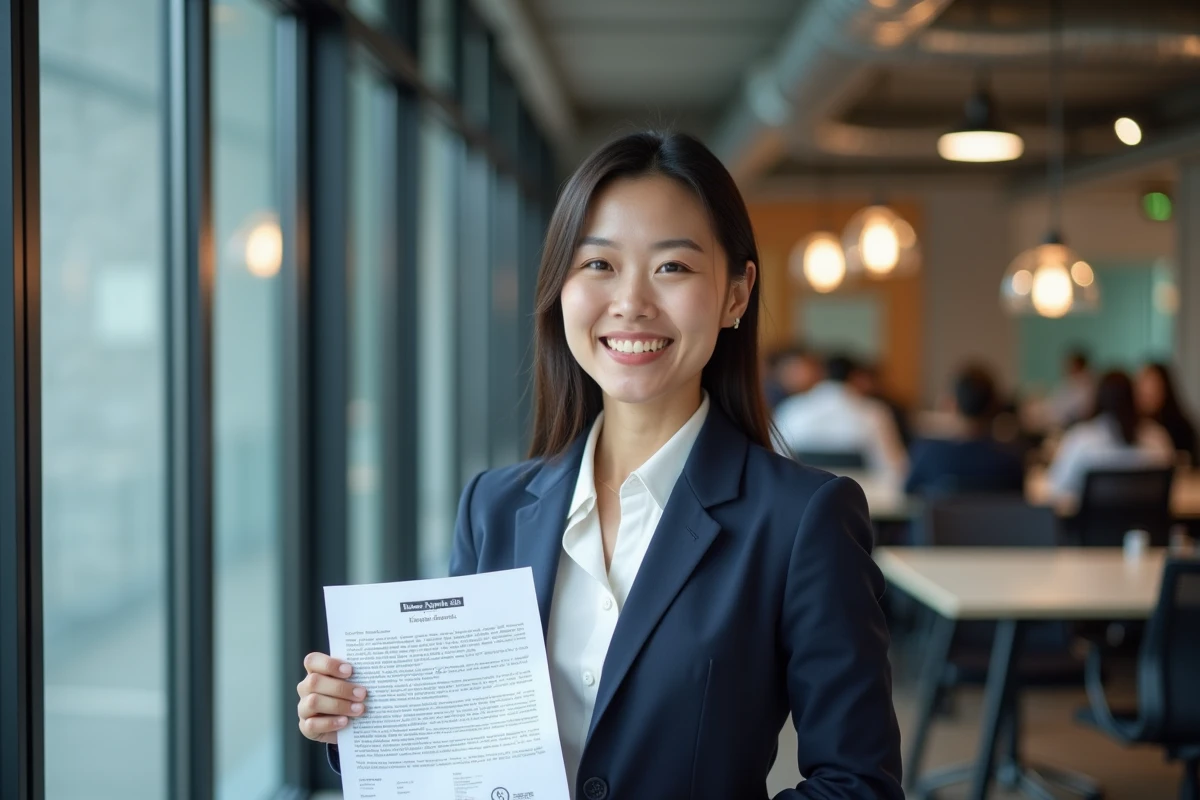 Femme entrepreneur tenant un document officiel d'enregistrement industriel dans un espace de coworking moderne