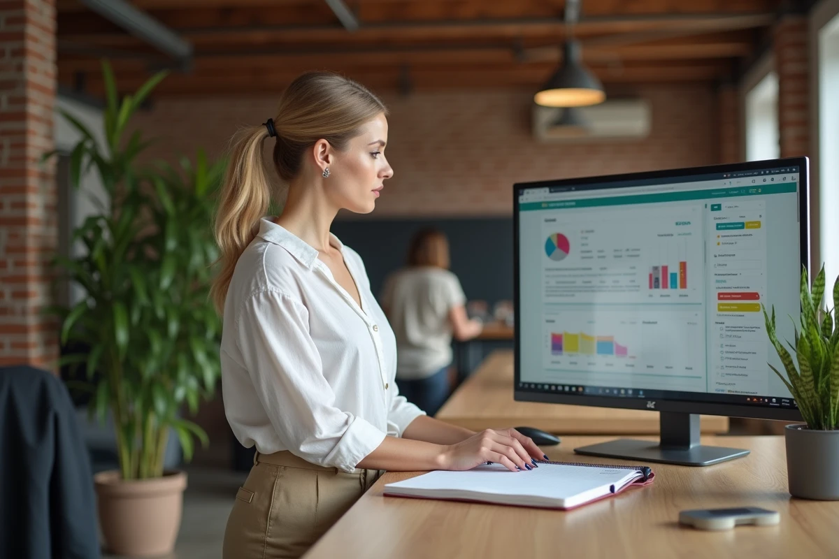 Femme entrepreneuse debout dans un espace de coworking, consultant un logiciel de création de site web sur un grand écran, avec un agenda de planification ouvert