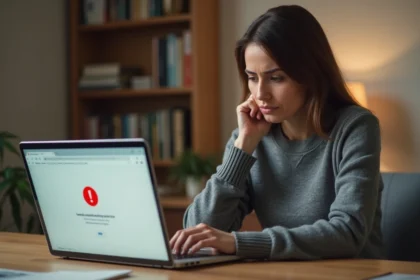 Femme frustrée devant un écran d'erreur de connexion sur son ordinateur portable à domicile