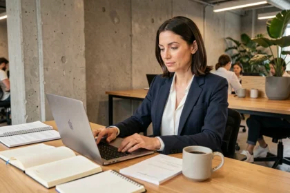 Femme indépendante en portage salarial travaillant sur son ordinateur dans un espace de coworking moderne
