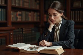 Femme concentrée étudiant un emblème héraldique dans une bibliothèque