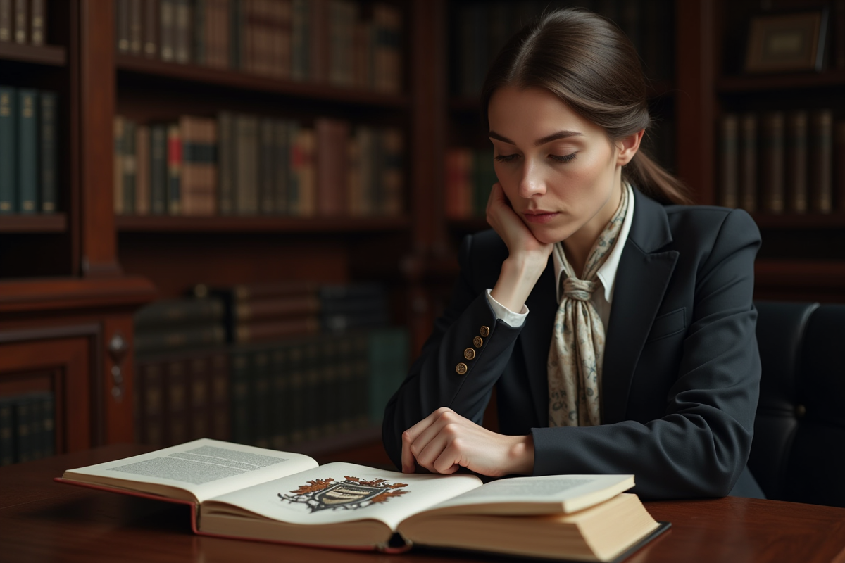 Femme concentrée étudiant un emblème héraldique dans une bibliothèque
