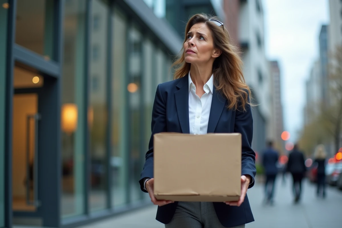 Femme quittant son bureau avec ses affaires personnelles après un licenciement