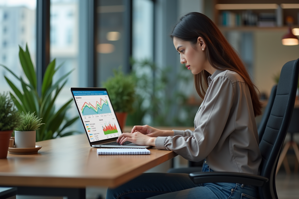 Jeune femme analysant un graphique CPM au bureau