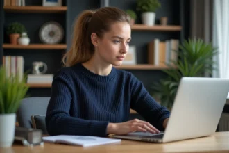 Jeune femme en bureau cosy naviguant sur une base auto