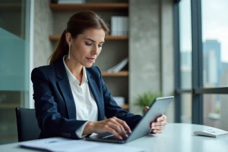Femme en bureau regardant des actualites du batiment