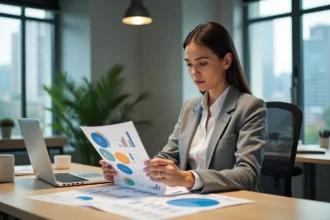 Femme confiante en bureau organisant des échantillons produits
