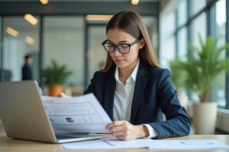 Femme professionnelle en bureau moderne avec documents et ordinateur