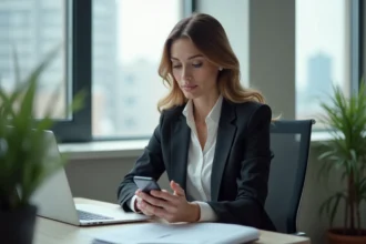 Femme professionnelle regardant son smartphone dans un bureau moderne