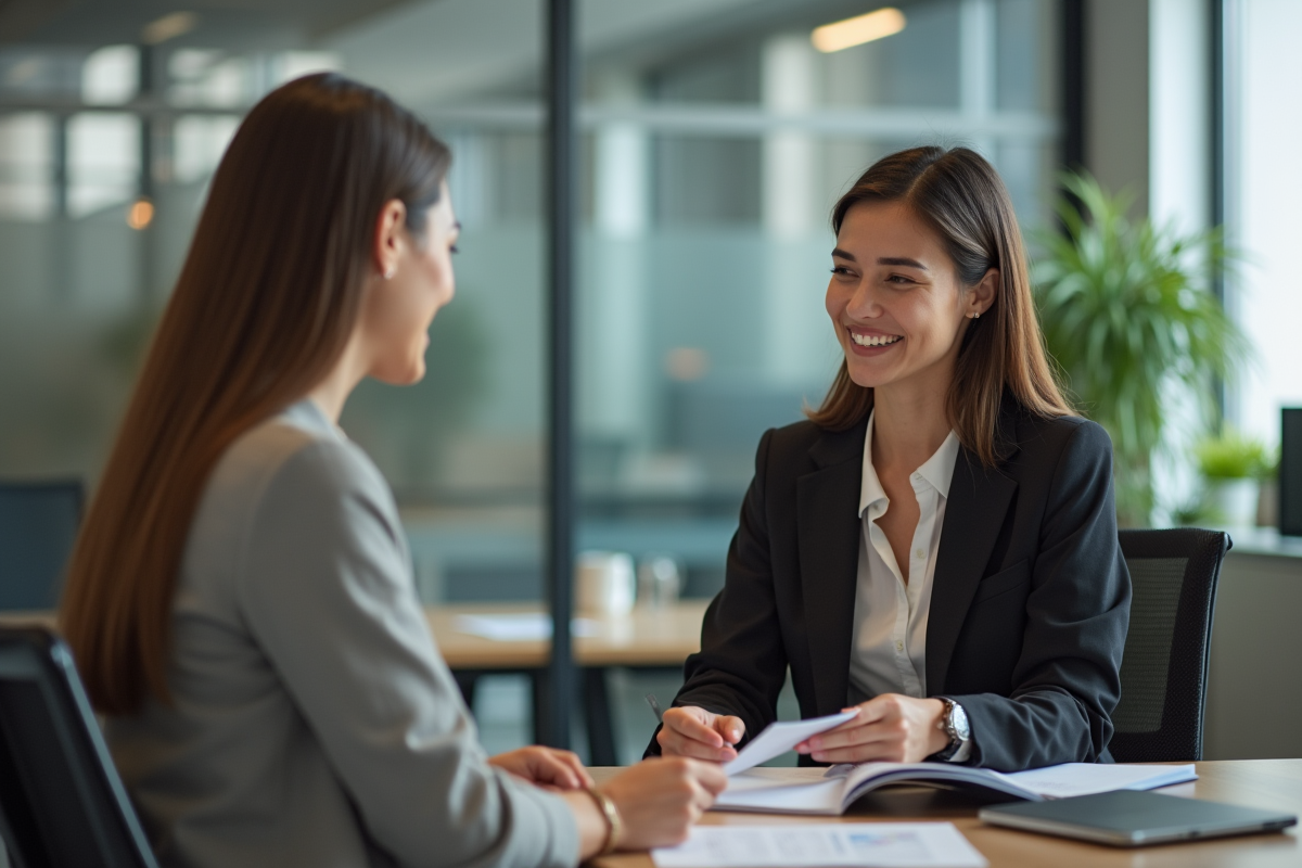 Femme professionnelle souriante discutant dans un bureau moderne