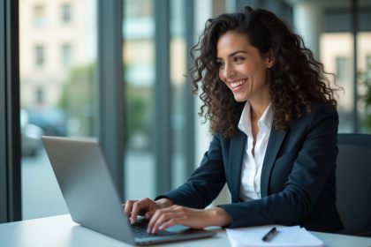 Femme professionnelle souriante devant son ordinateur pour une campagne Facebook