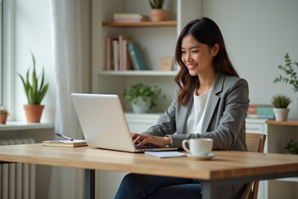 Femme professionnelle en bureau moderne strategisant sur ordinateur