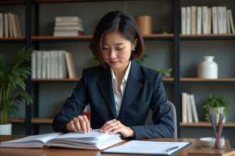 Femme professionnelle en bureau moderne organise des dossiers