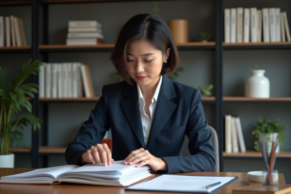 Femme professionnelle en bureau moderne organise des dossiers