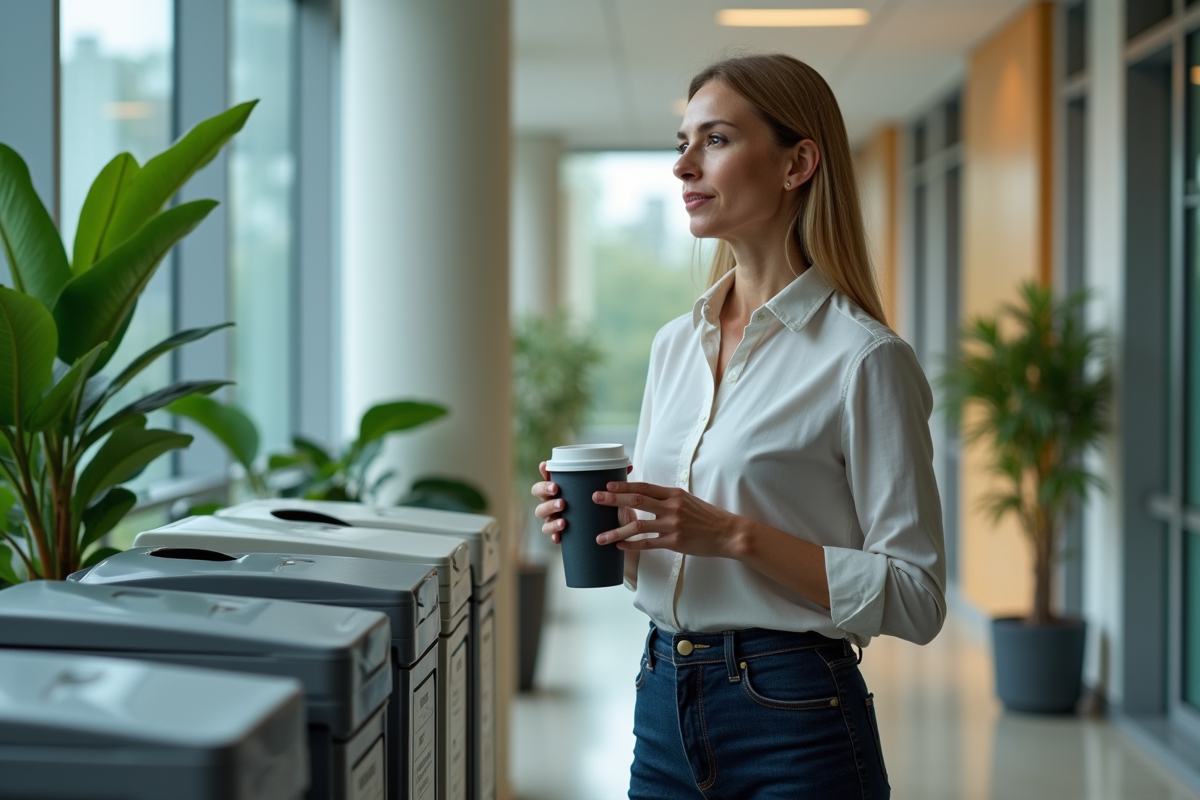 Femme d affaires examinant un bac de recyclage au bureau