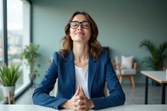 Femme en méditation dans un bureau moderne pour l'article