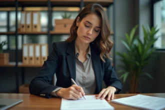 Femme en bureau professionnel examine sa lettre de demission