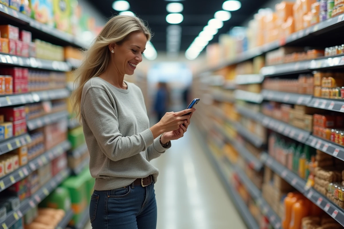 Femme souriante scannant un code QR en supermarche