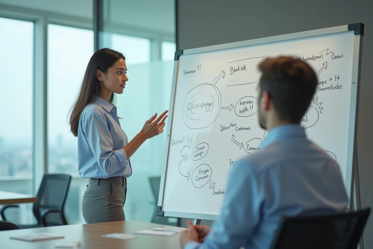 Femme expliquant des stratégies backlink devant un tableau