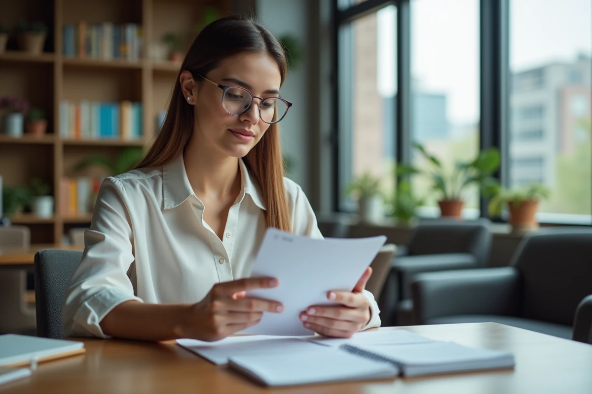 Jeune femme examine des cartes de suggestion au bureau