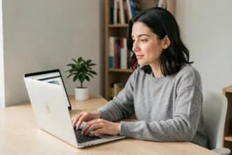 Femme en télétravail cherchant un emploi à distance sur son ordinateur portable depuis son bureau à domicile