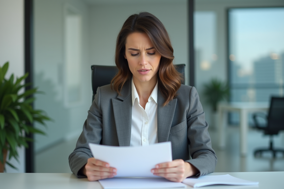Femme d'affaires examine des documents au bureau