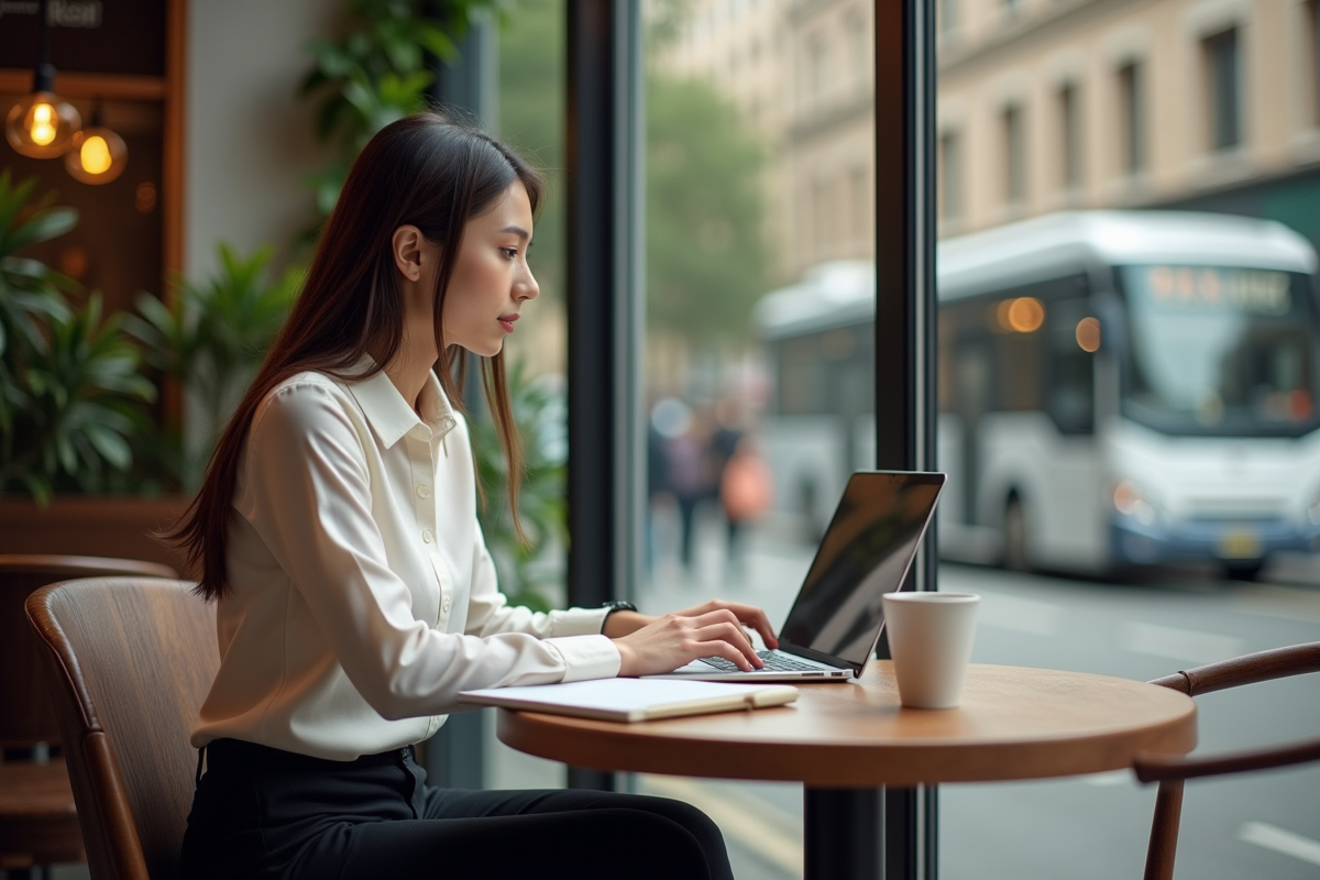 Jeune femme travaillant seule dans un cafe urbain