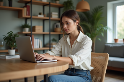 Jeune femme travaillant sur un laptop à la maison