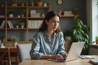 Jeune femme au bureau à domicile concentrée sur son ordinateur