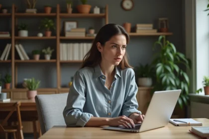 Jeune femme au bureau à domicile concentrée sur son ordinateur