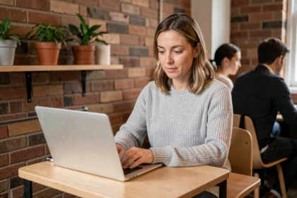 Femme travaillant sur un ordinateur portable dans un petit espace de coworking avec des murs en briques et des plantes