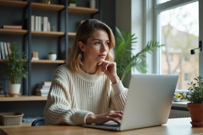 Femme en sweater travaillant sur son ordinateur à la maison