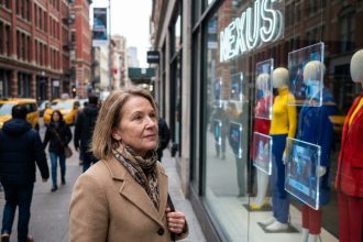 Femme en manteau beige admirant une vitrine digitale urbaine