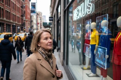 Femme en manteau beige admirant une vitrine digitale urbaine