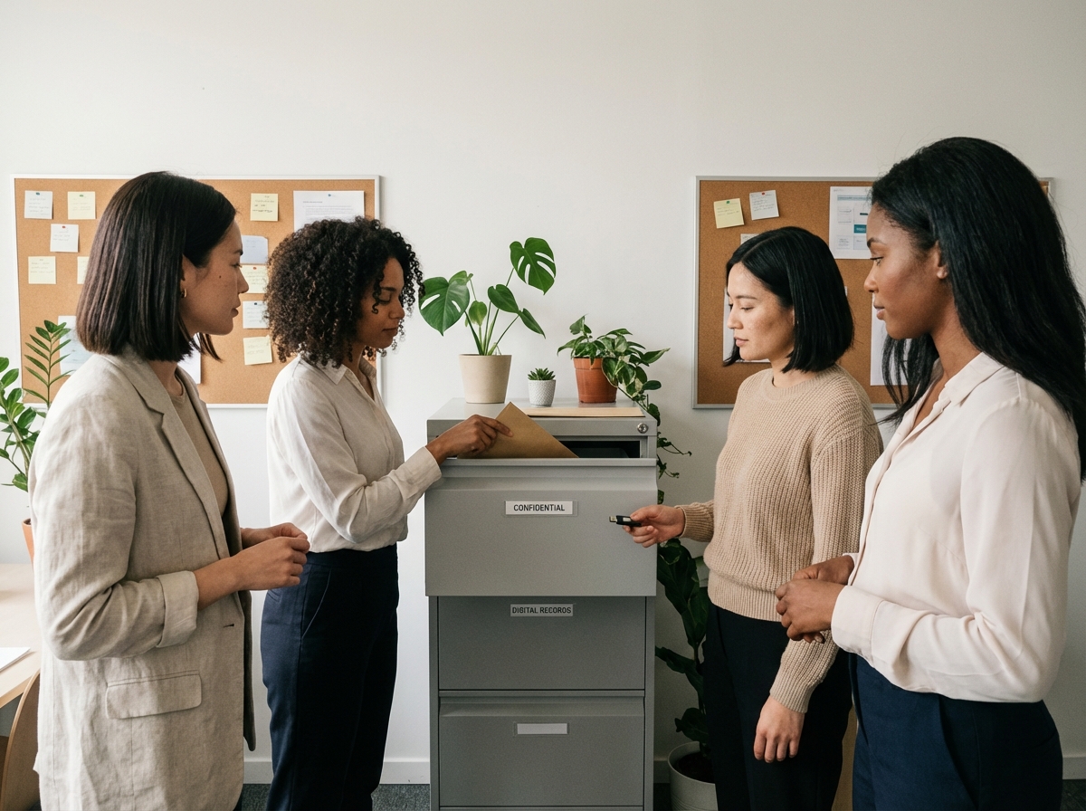 Femmes collègues placent documents dans un coffre sécurisé