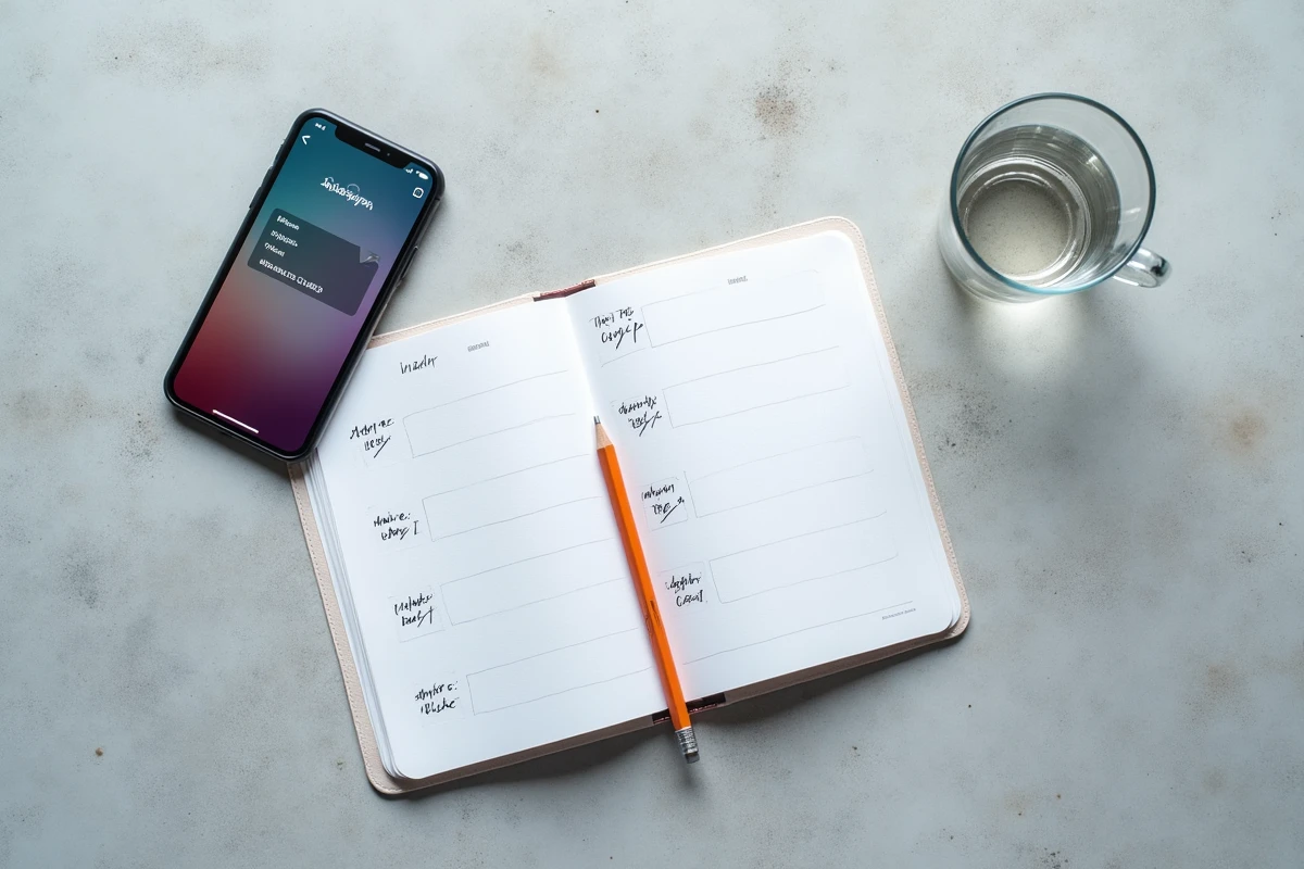 Vue en plongée d'un smartphone avec les statistiques Instagram et un agenda hebdomadaire pour planifier les meilleures heures de publication