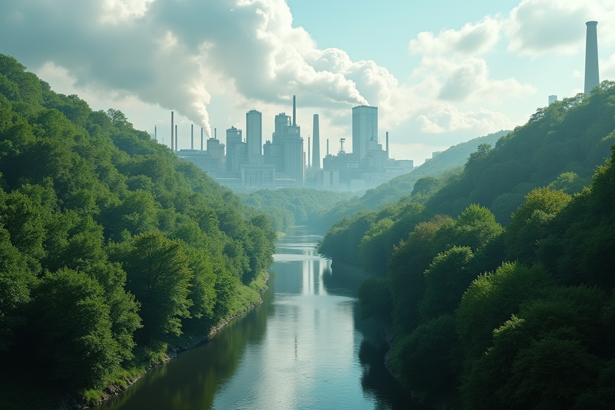 Forêt verte contrastant avec usine et rivière en journée