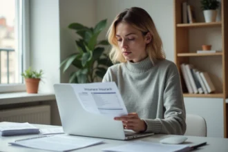 Freelance femme indépendante consultant des documents d'assurance entreprise à son bureau à domicile