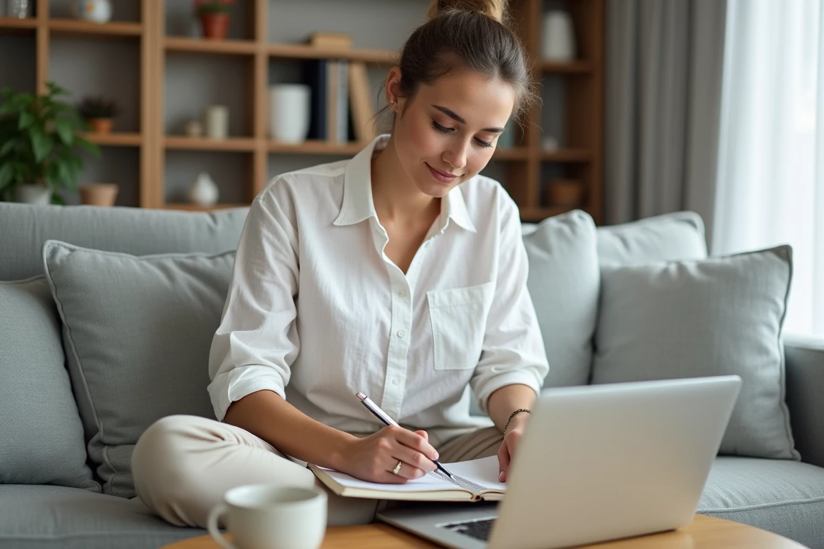 Freelance femme prenant des notes sur son assurance entreprise Loop depuis son salon