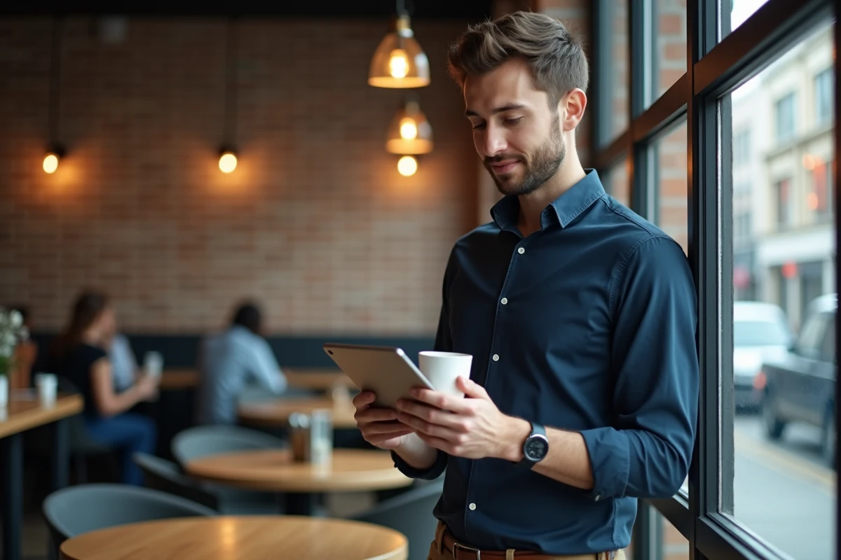 Jeune freelance masculin comparant des offres d'assurance sur tablette dans un café co-working
