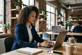 Freelance professionnelle analysant ses données business sur un ordinateur portable dans un espace de coworking moderne
