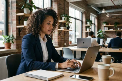Freelance professionnelle analysant ses données business sur un ordinateur portable dans un espace de coworking moderne