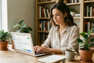 Freelance femme travaillant sur son tableau de bord de facturation depuis un bureau à domicile chaleureux