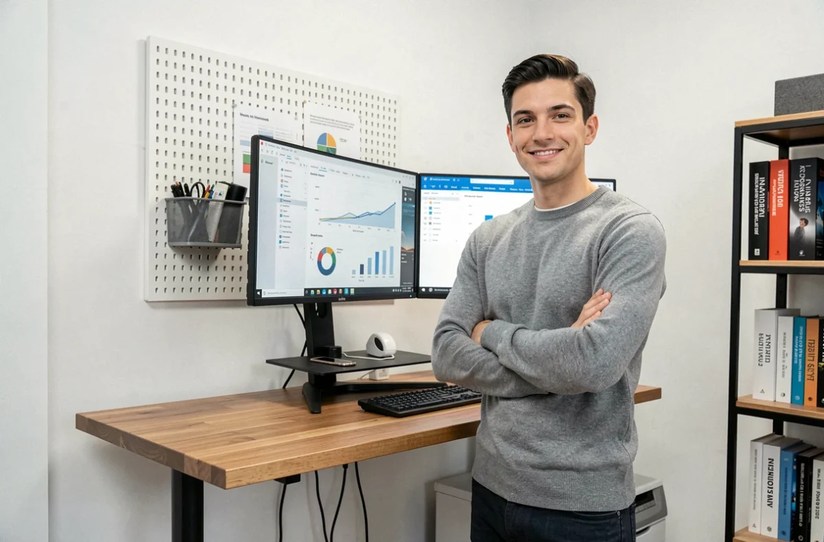 Jeune freelance masculin debout devant un double écran affichant des graphiques de croissance dans un bureau à domicile épuré
