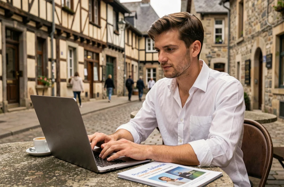 Freelance travaillant en portage salarial depuis une terrasse de café dans le centre historique de Quimper