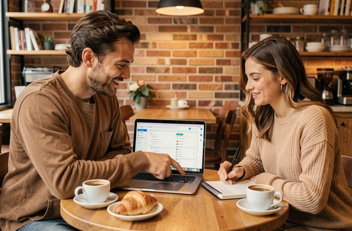 Deux freelances collaborant autour d'un outil de gestion de projets dans un café parisien authentique