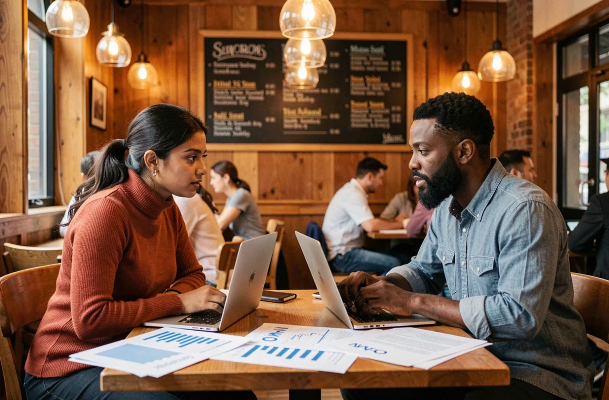 Deux freelances en réunion stratégique dans un café urbain avec ordinateurs portables et documents business étalés sur la table