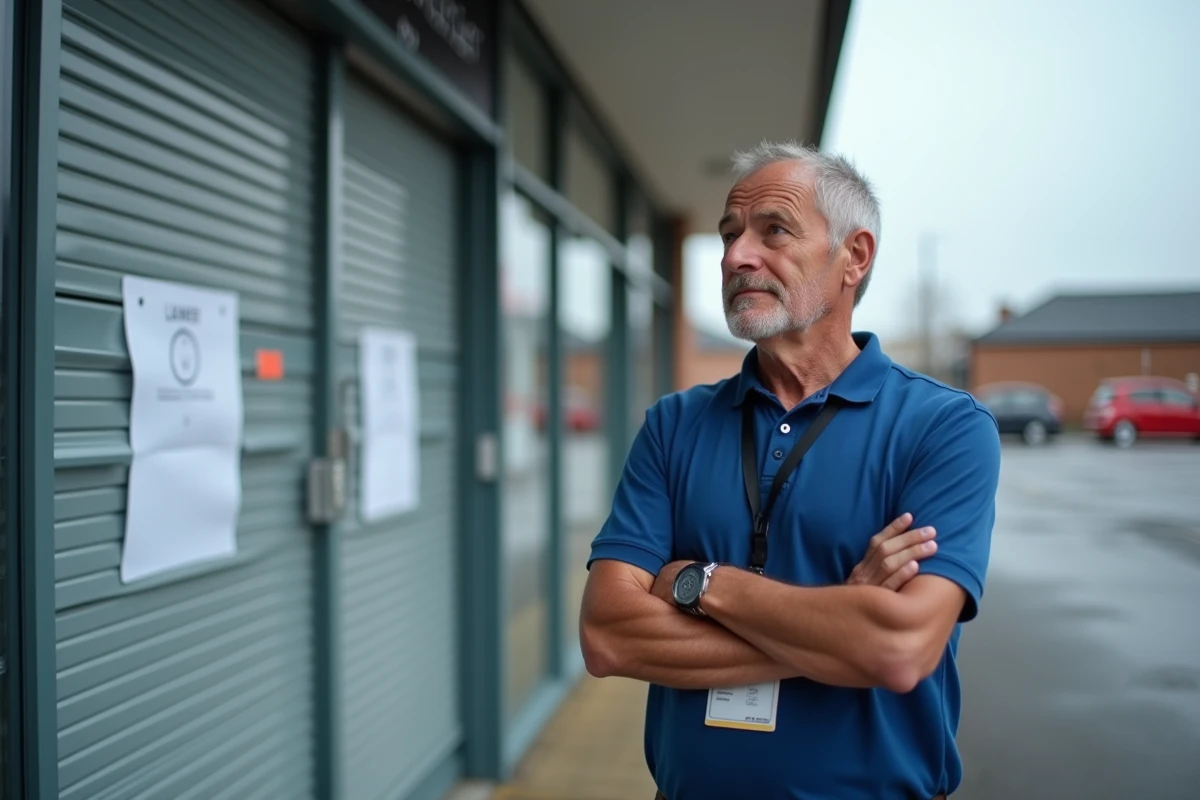 Gérant de magasin devant l'entrée fermée d'une enseigne de grande distribution en liquidation