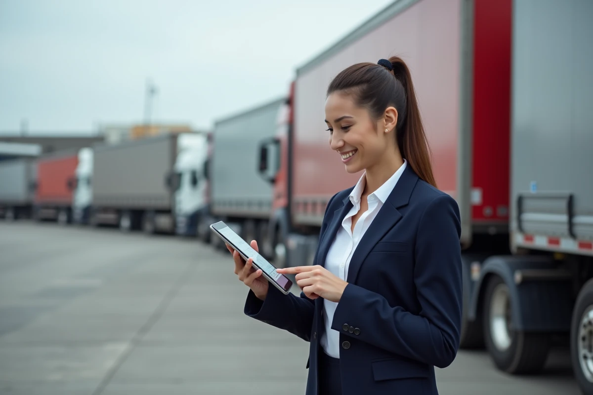Jeune femme gestionnaire avec tablette devant un camion